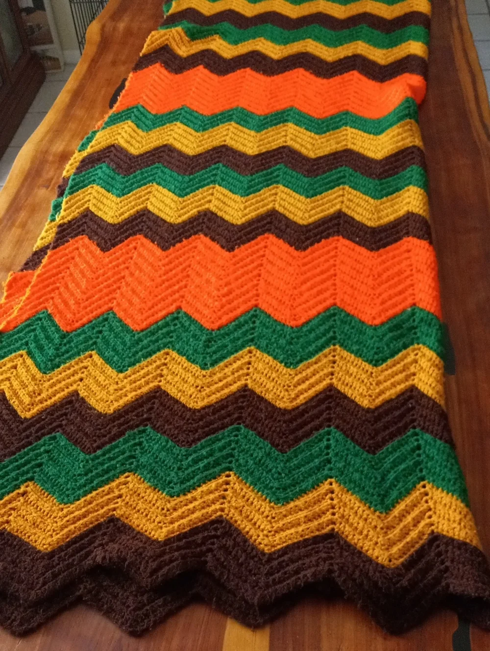 Handmade Chevron Knit Throw Blanket in Green, Yellow, Orange & Brown